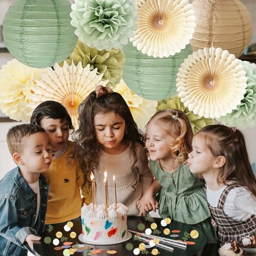 Sage Green Party Decorations Sage Gold Cream Tissue Paper Pom Poms Paper Lanterns Sage Green Confetti Dots Scatter Table Decoration for Baby Shower Birthday Wedding Engagement Party Decorations