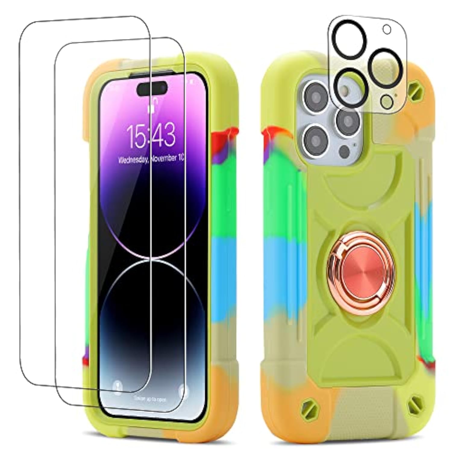 Heavy Duty Shockproof Military Grade Rugged Cover with 2 Pack Glass Screen Protector + 1 Pack Camera Lens Protector for iPhone 14 Pro Max
