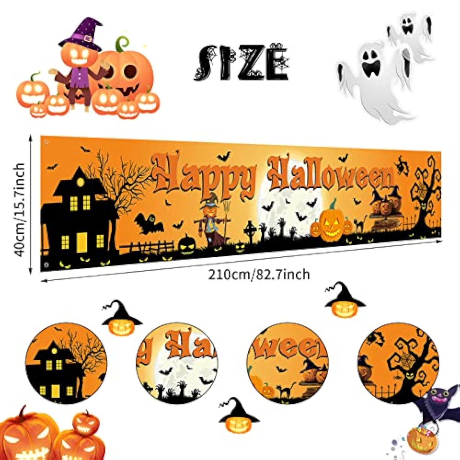 Large Outdoor Halloween Banner Fabric Pumpkin Graveyard Yard Sign Wall Fence Decor