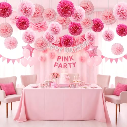 12pcs Hot Pink Tissue Paper Pom Poms,Hanging Paper Pompoms for Baby Shower Wedding Valentine's Day Engagement Birthday Party Decorations