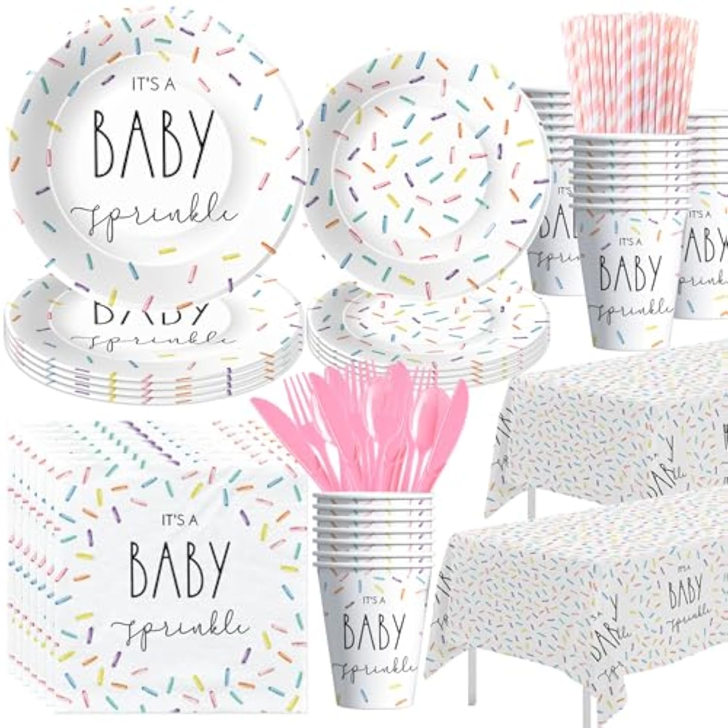 Sprinkle Baby Shower Decorations - It'S A Baby Sprinkle Party Decorations Tableware, Plate, Cup, Napkin, Cutlery, Tablecloth, Rainbow Confetti Sprinkle Baby Shower Party Supplies, Serve 24