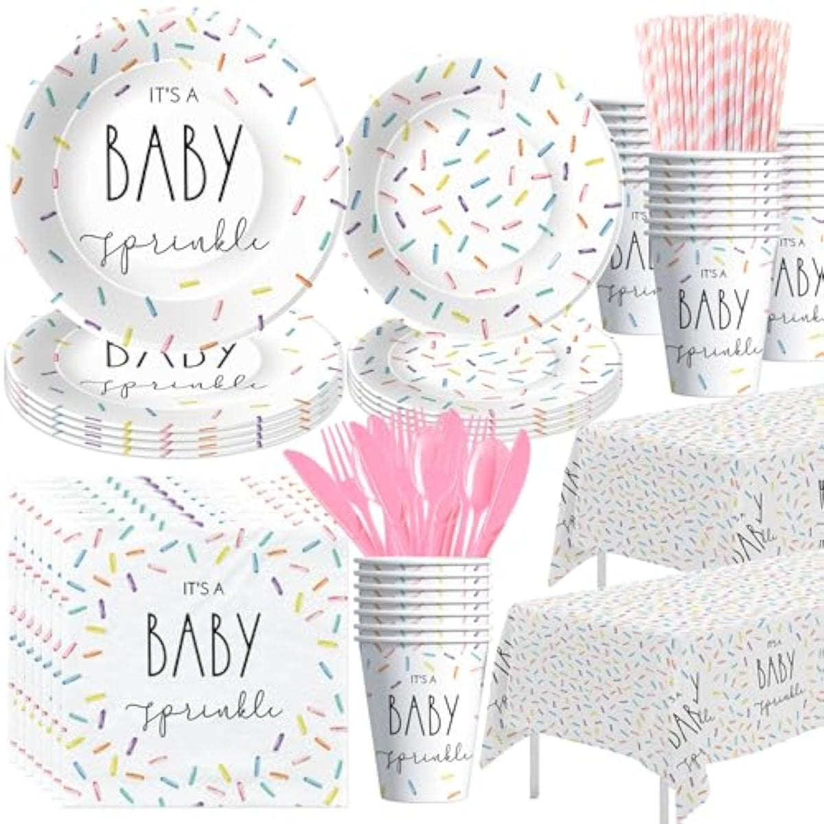 Sprinkle Baby Shower Decorations - It'S A Baby Sprinkle Party Decorations Tableware, Plate, Cup, Napkin, Cutlery, Tablecloth, Rainbow Confetti Sprinkle Baby Shower Party Supplies, Serve 24