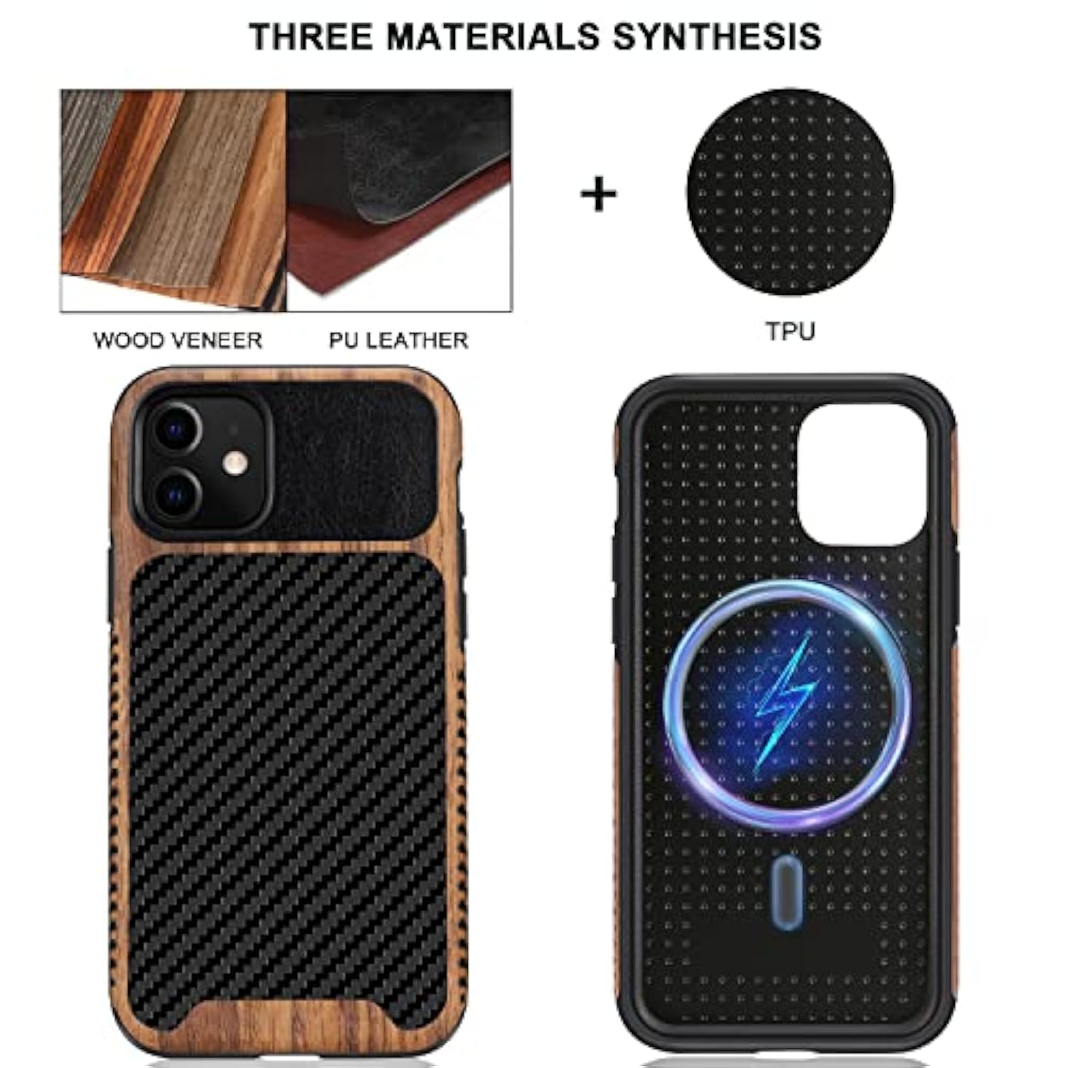 Magnetic Case Compatible With Iphone 11 Case Wood Grain With Carbon Fiber Texture Design Leather Hybrid Slim Case (Compatible With Magsafe) Black
