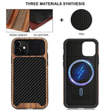 Magnetic Case Compatible With Iphone 11 Case Wood Grain With Carbon Fiber Texture Design Leather Hybrid Slim Case (Compatible With Magsafe) Black