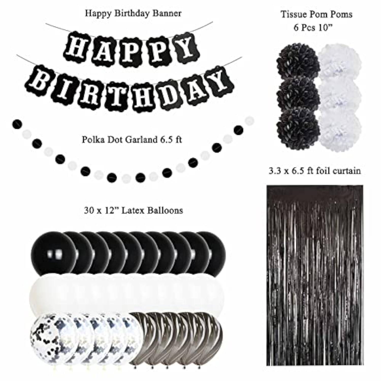 Black & White Birthday Decor Set – Balloons, Banner and Fringe Curtains (30 Pcs)