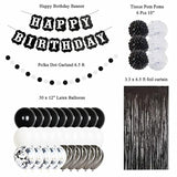 Black & White Birthday Decor Set – Balloons, Banner and Fringe Curtains (30 Pcs)