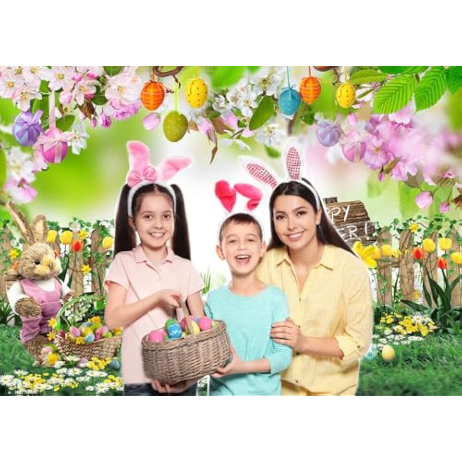7X5Ft Spring Easter Backdrop Pink Flower Garden Photography Backdrop Easter Decor Banner Kids Children Birthday Banner