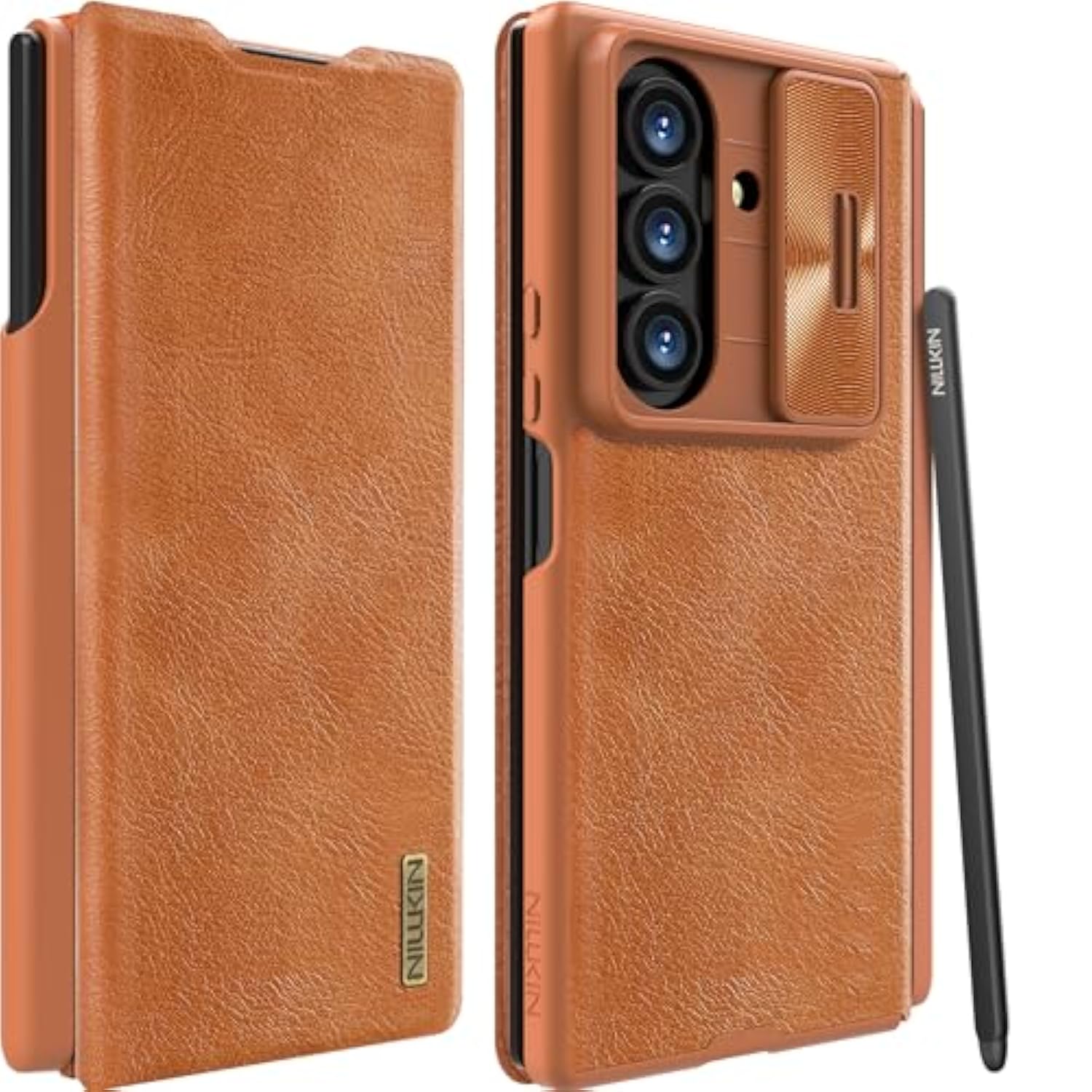 For Samsung Galaxy Z Fold 7 Wallet Case With S Pen Holder & Stylus, [Slide Camera Cover][Hinge Protection] Premium Leather Shockproof Slim Cover Flip Phone Case For Galaxy Z Fold 7 Brown