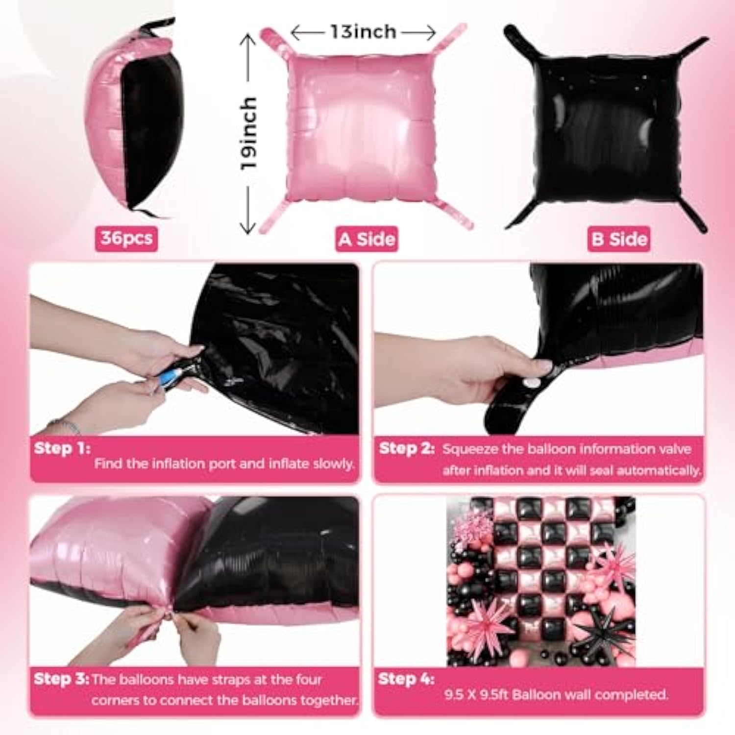 36Pcs Black And Pink Square Foil Balloons Wall Backdrop With 147Pcs Balloon Garland Arch Kit, Double Sided Balloons For Bachelorette Baby Shower Birthday Anniversary Prom Party Decorations