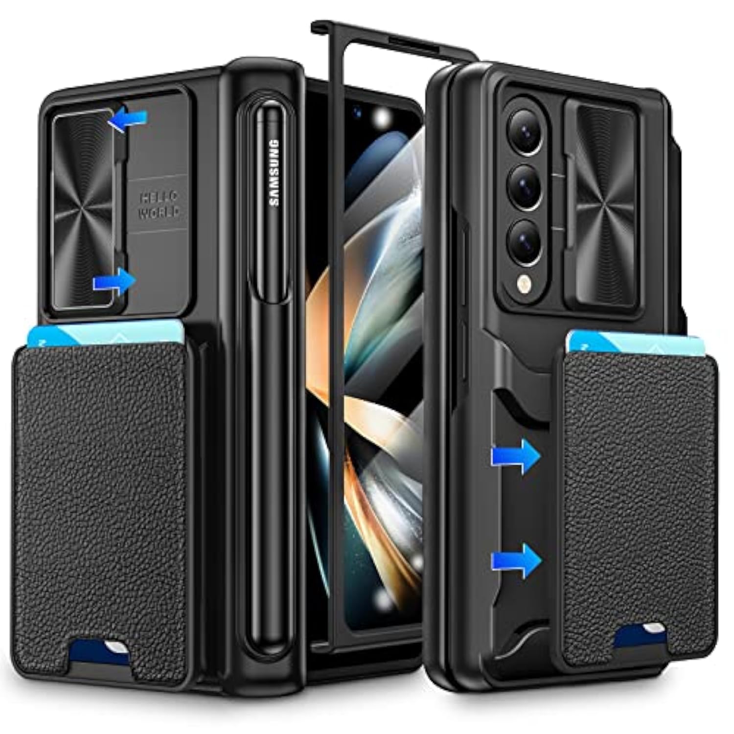 For Z Fold 4 Case, Fold 4 Case With S Pen Holder & Screen Protector, Wallet Case With Card Holder Camera Cover & Hinge Protection Phone Case For Samsung Galaxy Z Fold 4 5G 2022-Black