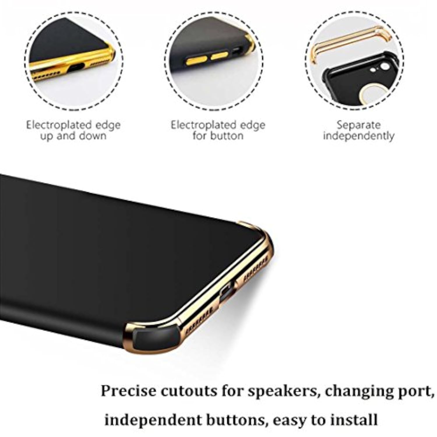 Luxury 3 in 1 Slim Fit Electroplated Shockproof Phone Case for iPhone 7/8, Ultra Thin Flexible Soft Matte Case with Detachable Gold Trim, Compatible with iPhone 7/8 (Black)