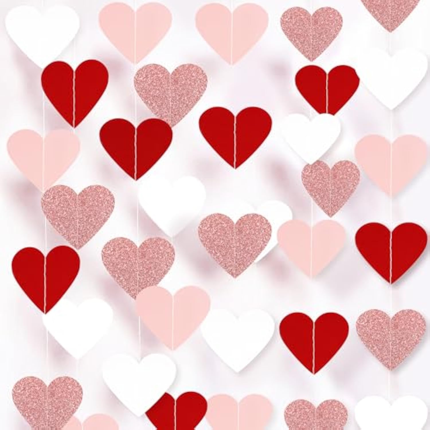 Valentines Decorations Red Pink White Rose Gold Glitter Heart Garland Strings - 8 Packs Paper Heart Garland Banner For Valentine'S Day Mothers Day Wedding Birthday Bridal Shower Home Hanging Decor