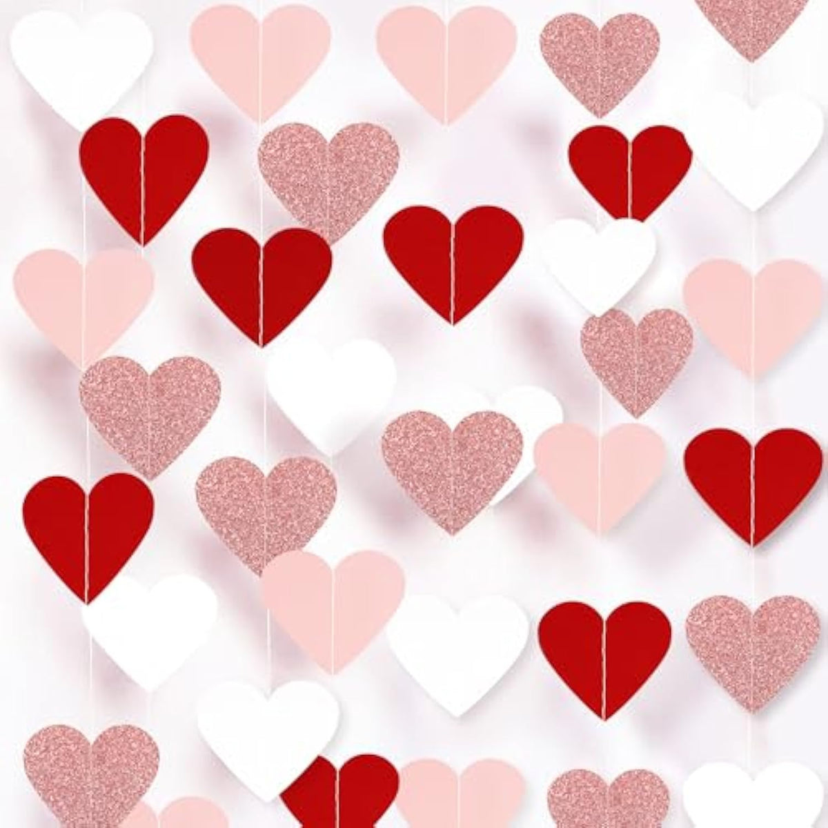 Valentines Decorations Red Pink White Rose Gold Glitter Heart Garland Strings - 8 Packs Paper Heart Garland Banner For Valentine'S Day Mothers Day Wedding Birthday Bridal Shower Home Hanging Decor