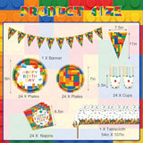 Building Block Party Decorations 98Pcs Building Block Party Decorations Suppiles Set Include Plates, Napkins, Cups, Banner And Tablecloth Building Block Theme Party Favors Kit (Building Block)