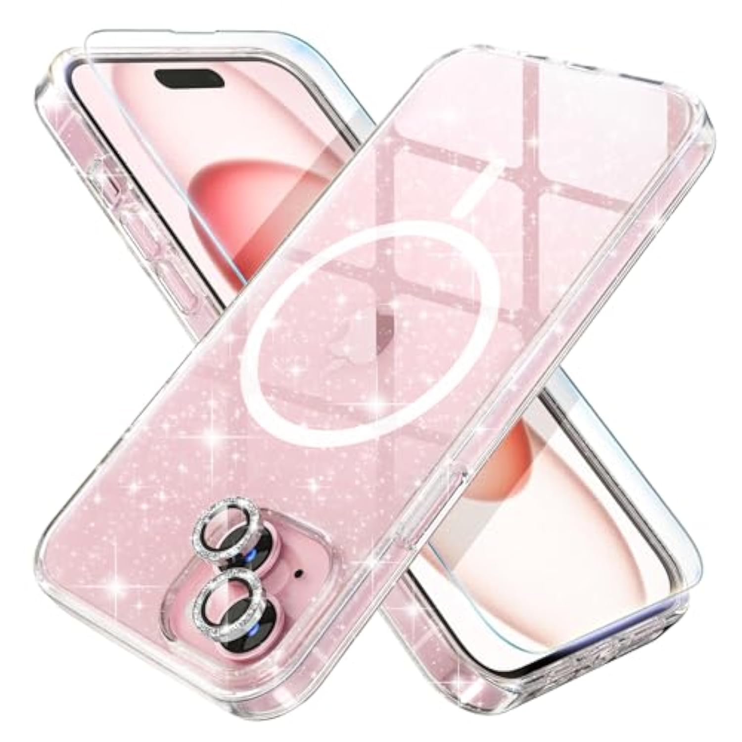 Iphone 15 Plus Clear Glitter Case With Magnetic Magsafe & Screen Protectors