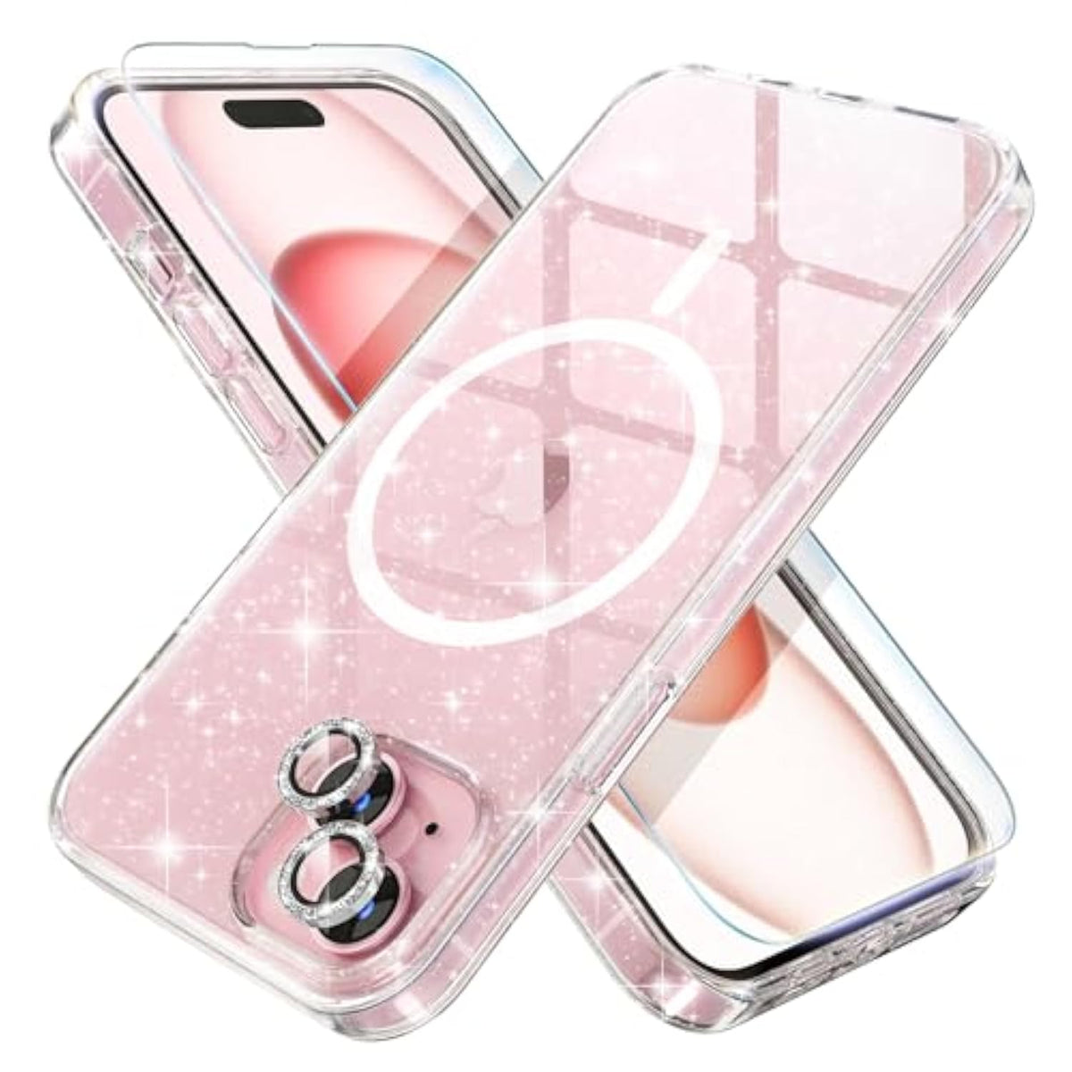 Iphone 15 Plus Clear Glitter Case With Magnetic Magsafe & Screen Protectors