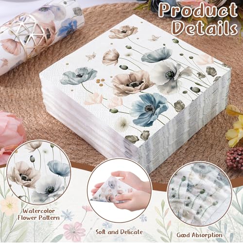 100 Pcs Floral Paper Napkins, 5" Boho Flower Napkins