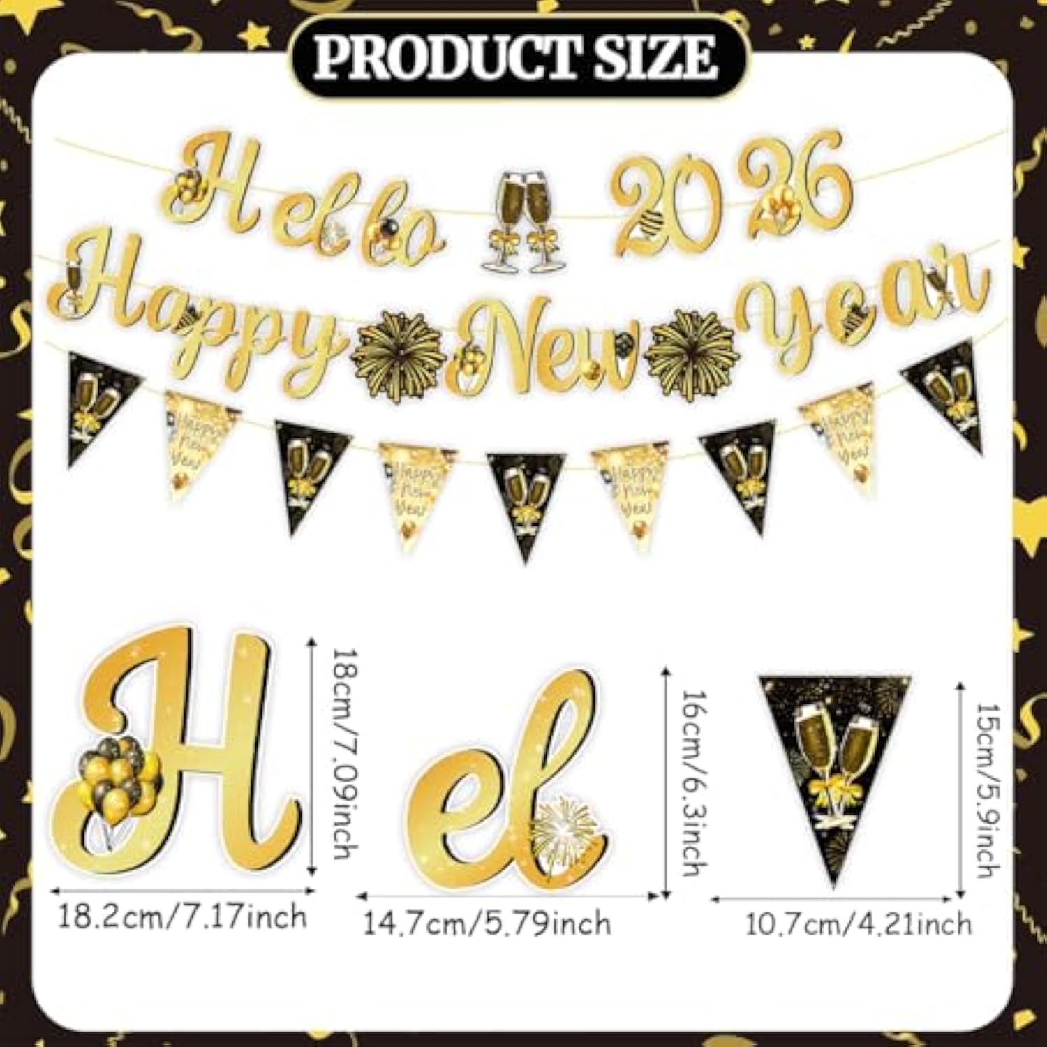 3 Pc 2026 New Year Banner Set Black Gold Selfie Background for Party