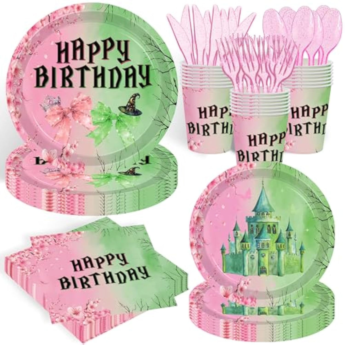 140Pcs Pink And Green Witch Party Decorations Tableware, Witch Table Centerpieces Party Supplies, Tableware Set Paper Cups For Girls Birthday Party Decorations Severs 20 Guests