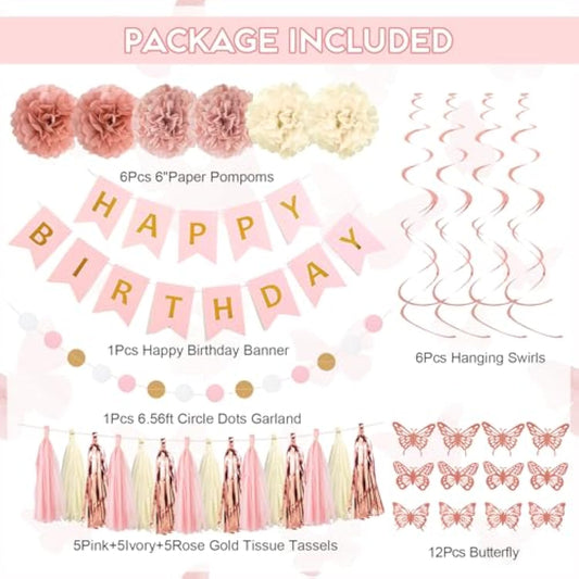 Pink Birthday Party Decorations, Dusty Pink Sand Confetti Rose Gold Balloons Happy Birthday Banner Fringe Curtains Butterfly Hanging Swirls Circle Dots Tassels Pompoms For Women Girls Party Supplies