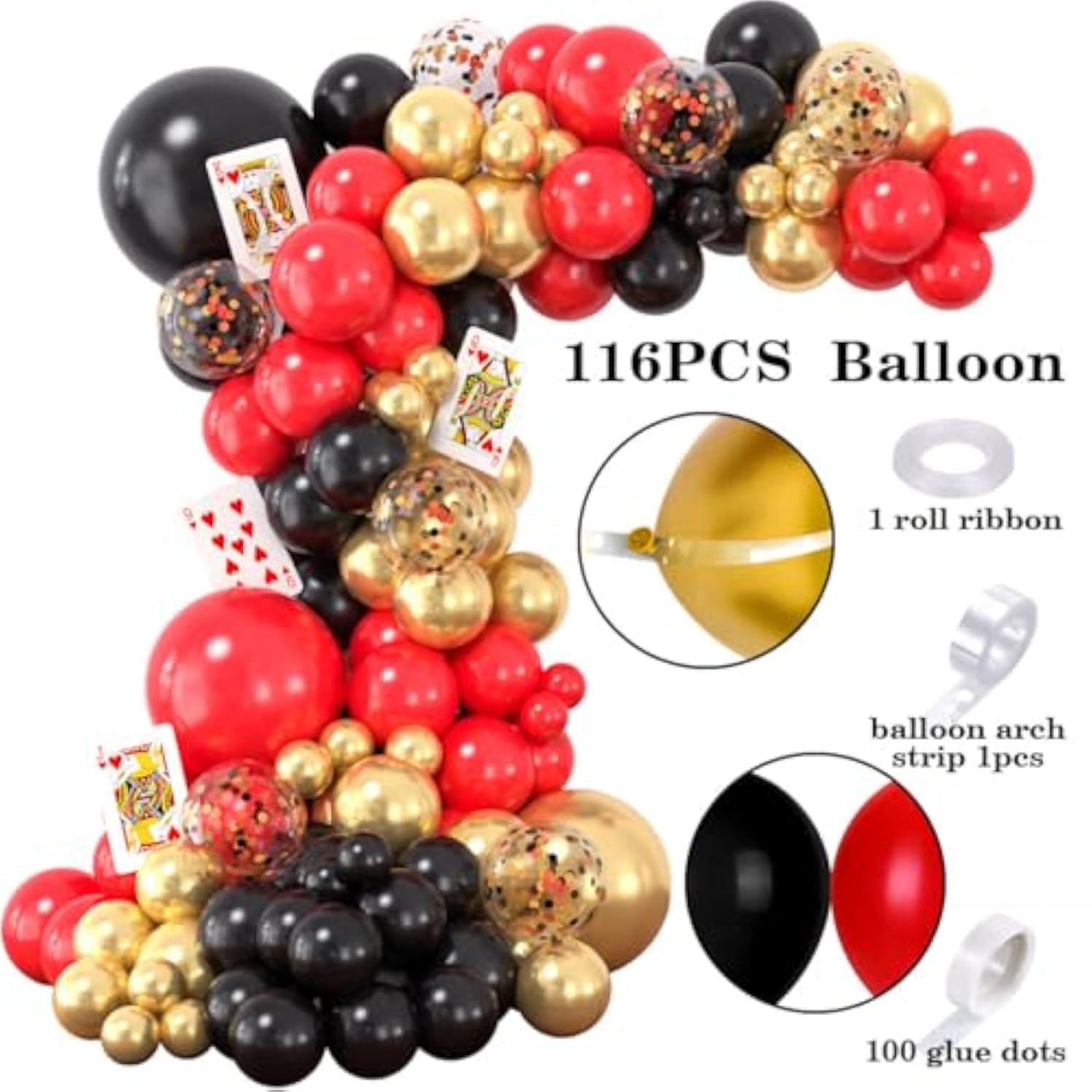 132Pcs Casino Theme Party Decorations, Dice Boxes Large Poker Cards Black Red Gold Balloon Garland Star Foil Balloons For Vegas Themed Party And Casino Night Birthday Celebrations