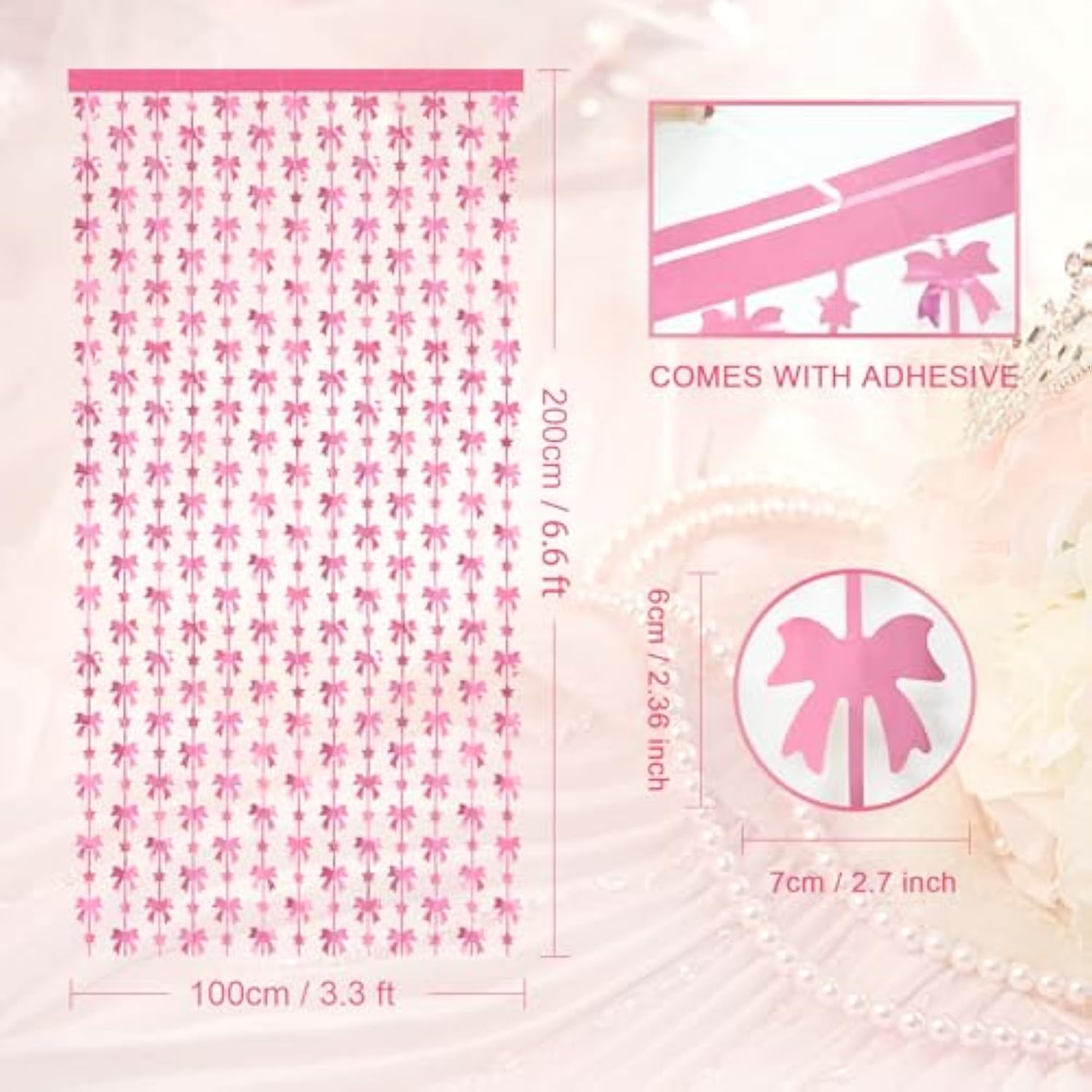 2 Pack Pink Bow Party Decorations, Foil Fringe Curtains & Photo Booth Backdrop for Girls