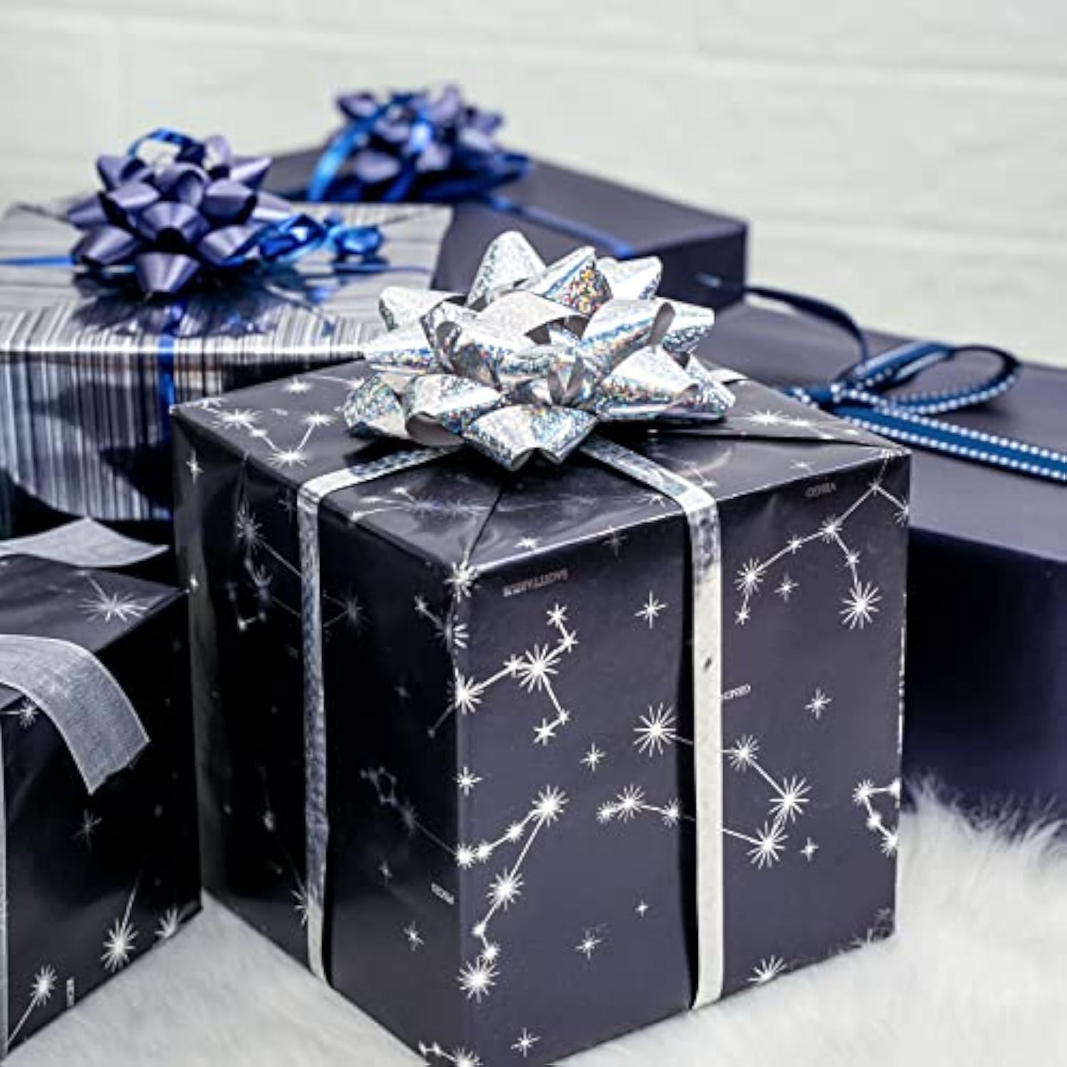 30 Inch Navy Blue Wrapping Paper Roll - Jumbo Roll Navy And Silver Constellation Wrapping Paper For Men, Birthday, Holiday, Father'S Day, Baby Shower - 3 Rolls - 30 Inch X 120 Inch Per Roll