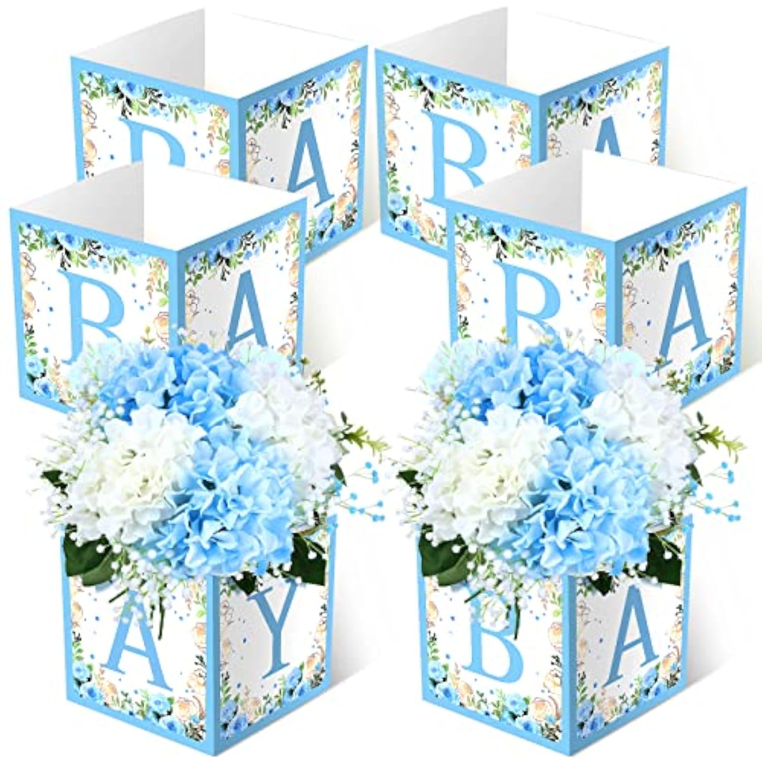 6PCS Blue Baby Shower Flower Box Centerpieces with Letters for Gender Reveal Party Decor
