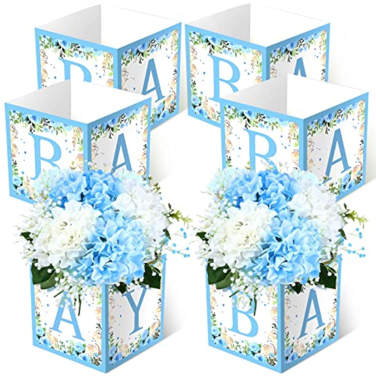 6PCS Blue Baby Shower Flower Box Centerpieces with Letters for Gender Reveal Party Decor