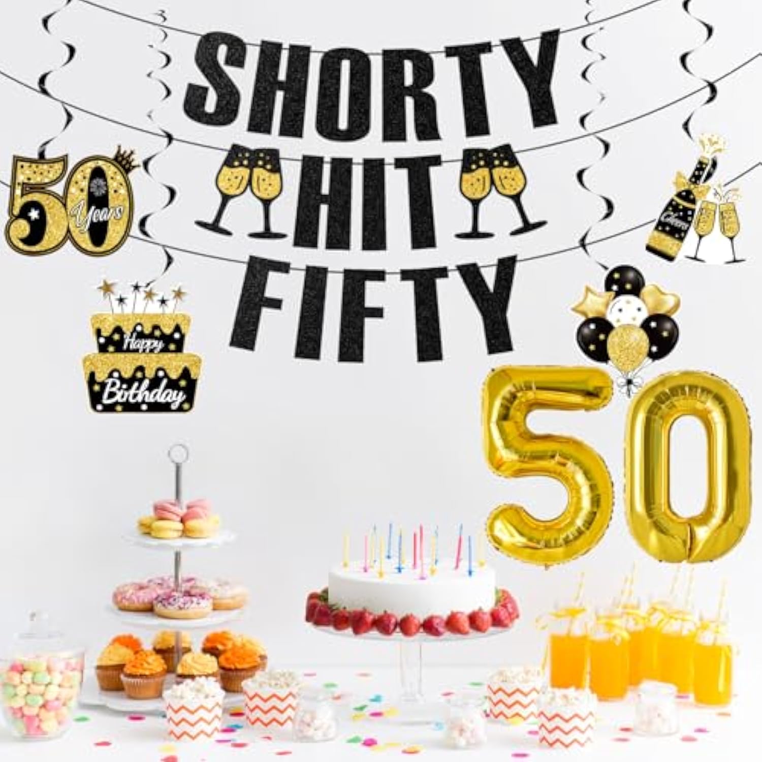 50th Birthday Decorations for Women Black Gold Banner Balloons & Party Swirls