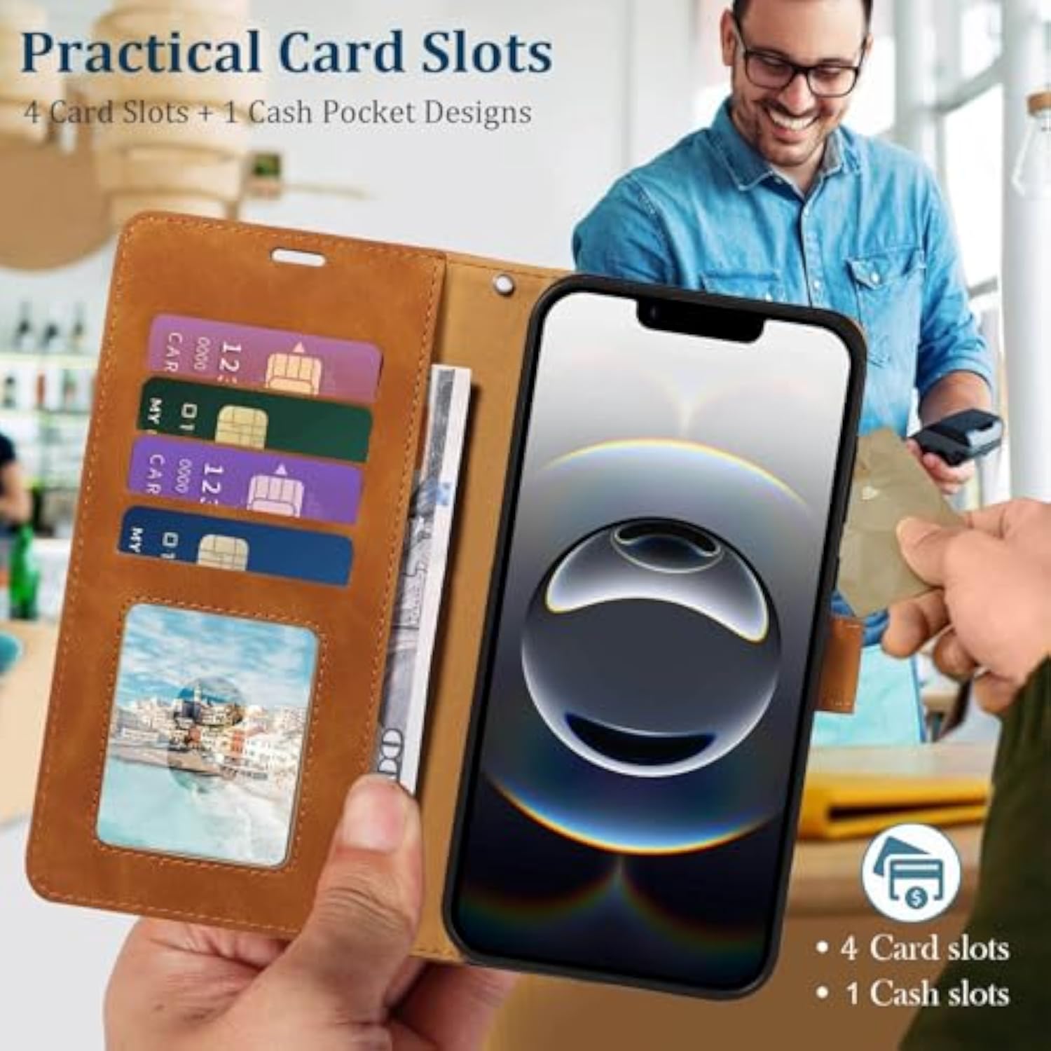 Brown iPhone 16e Case Wallet with RFID Blocking and 4 Card Slots