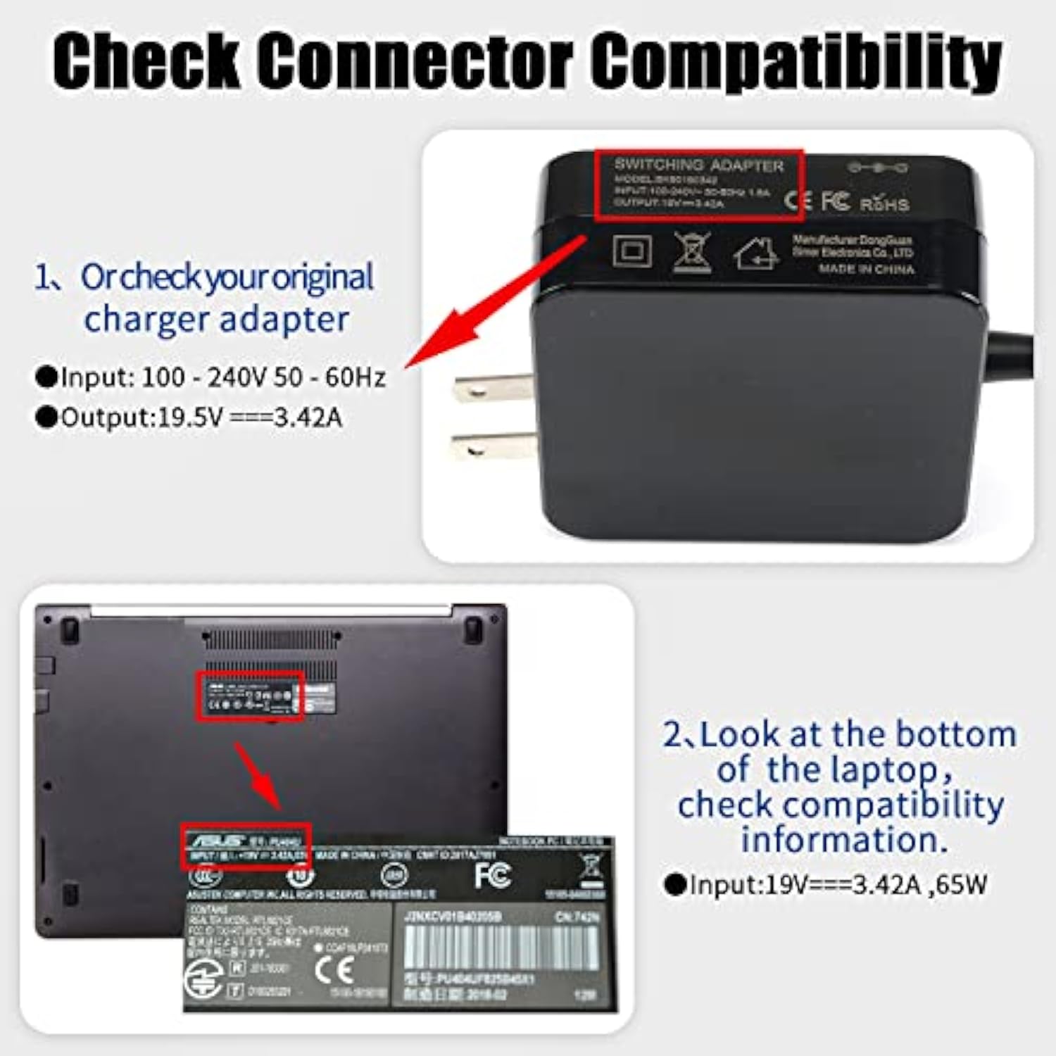 65W Ac Laptop Charger Adapter Replacement For Asus U56E X555L X551M X53U X550C