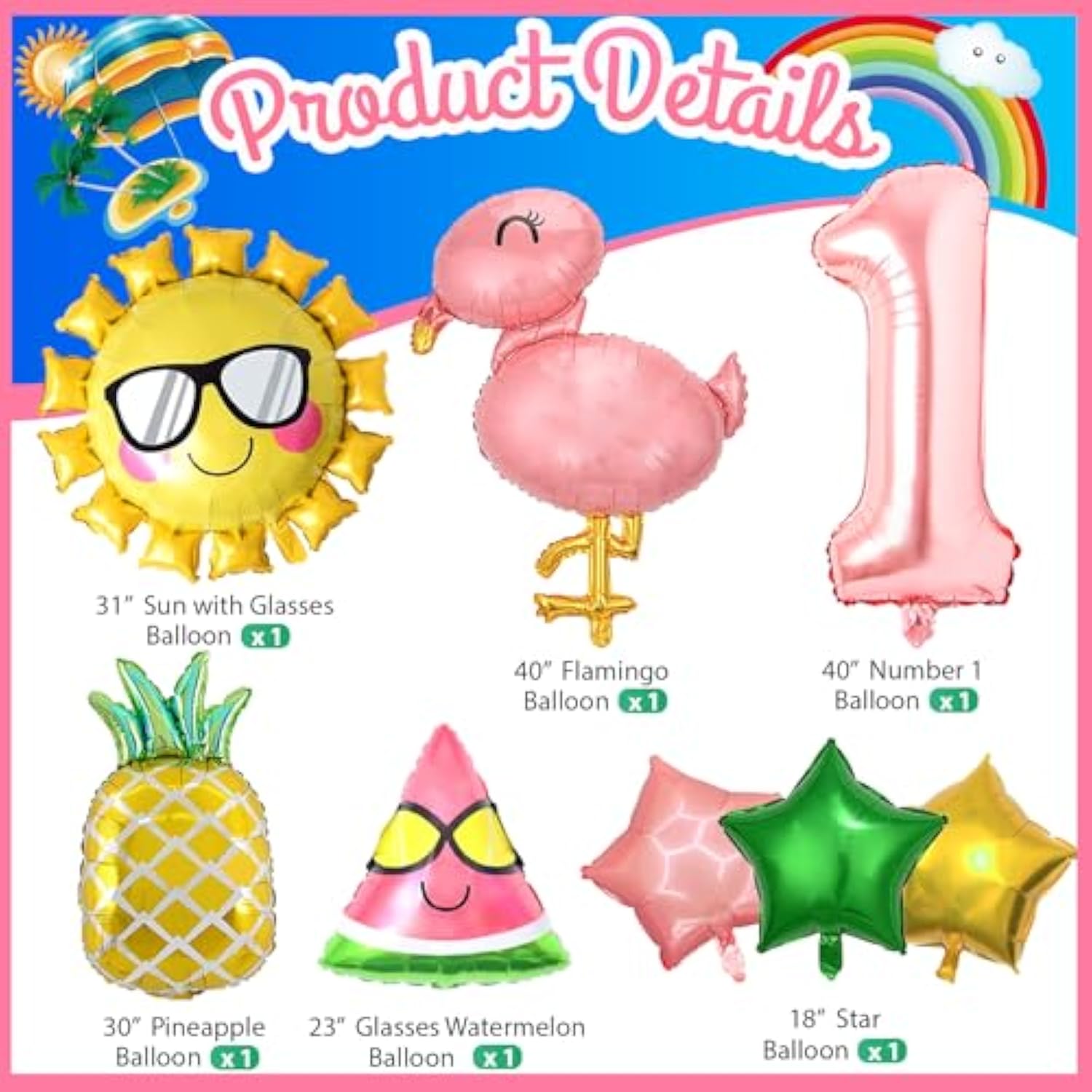 Hawaiian 1st Birthday Set – 8pcs Flamingo Foil Balloons for Tropical Party Decor