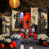 Retro Halloween Banner 4pcs Vintage Scarecrow Black Cat Castle Ghosts Wall Porch Decor