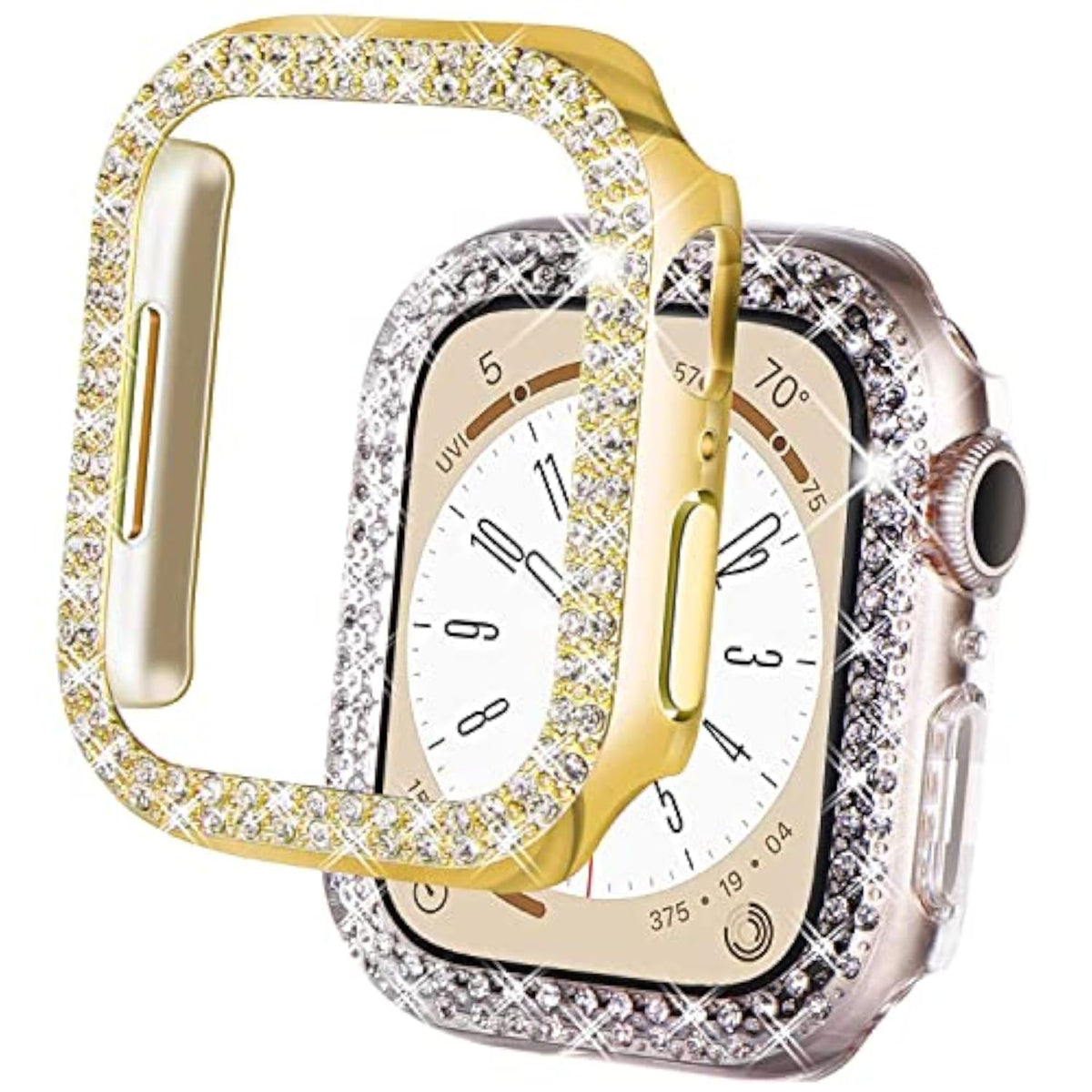 2-Pack Bling Double-Rows Rhinestone Diamond Protective Case Cover Replacement Protector for Apple Watch Ultra 3 / Ultra 2 / Ultra (49mm) - Gold + Transparent