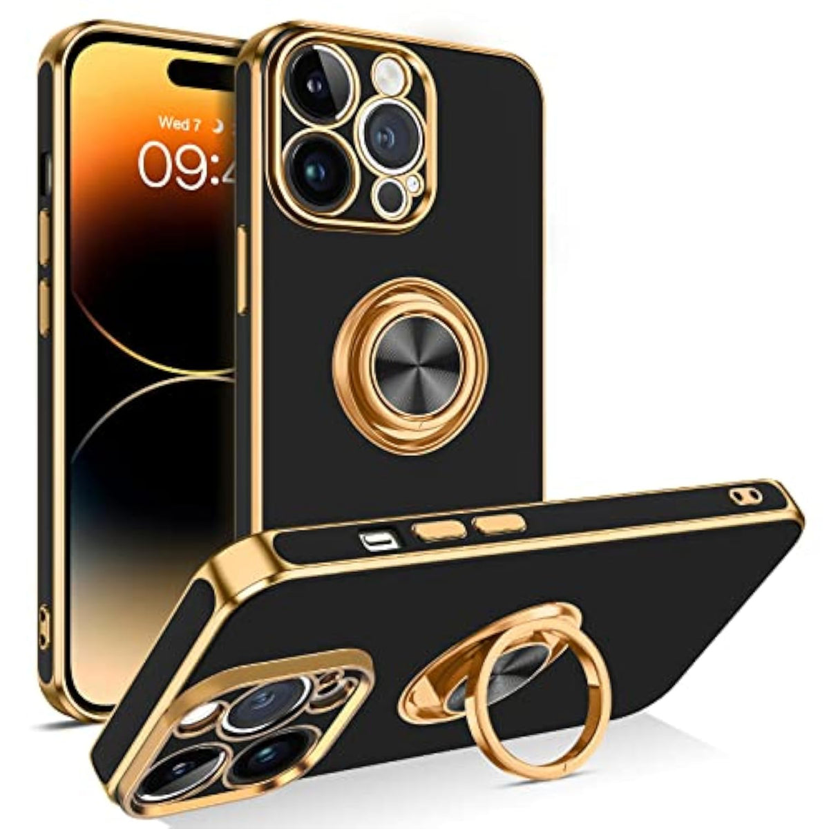 For Iphone 14 Pro Max Case, Slim Lightweight 360° Ring Holder Kickstand Support Car Mount Shockproof Women Men Non-Slip Protective Case For Iphone 14 Pro Max 6.7", Black/Gold