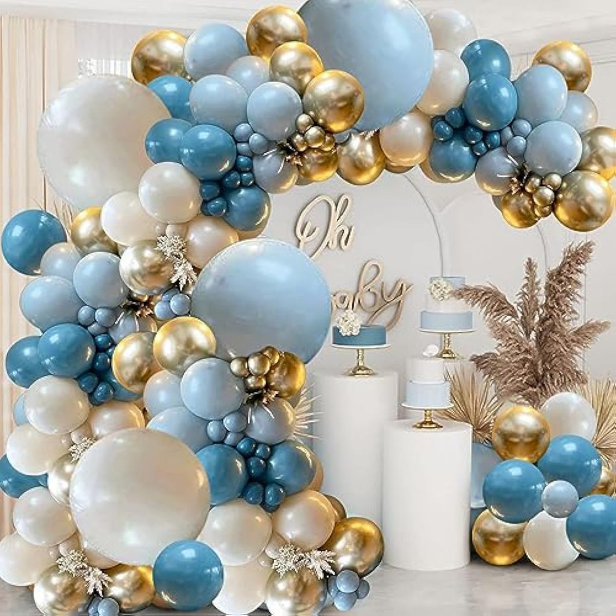 Dusty Blue Balloons Garland Kit, Fog Blue Royal Blue Pastel Blue Sand White Metallic Gold Latex Balloons For Boy Baby Shower Bridal Shower Wedding Anniversary Birthday Party Decorations Supplies……