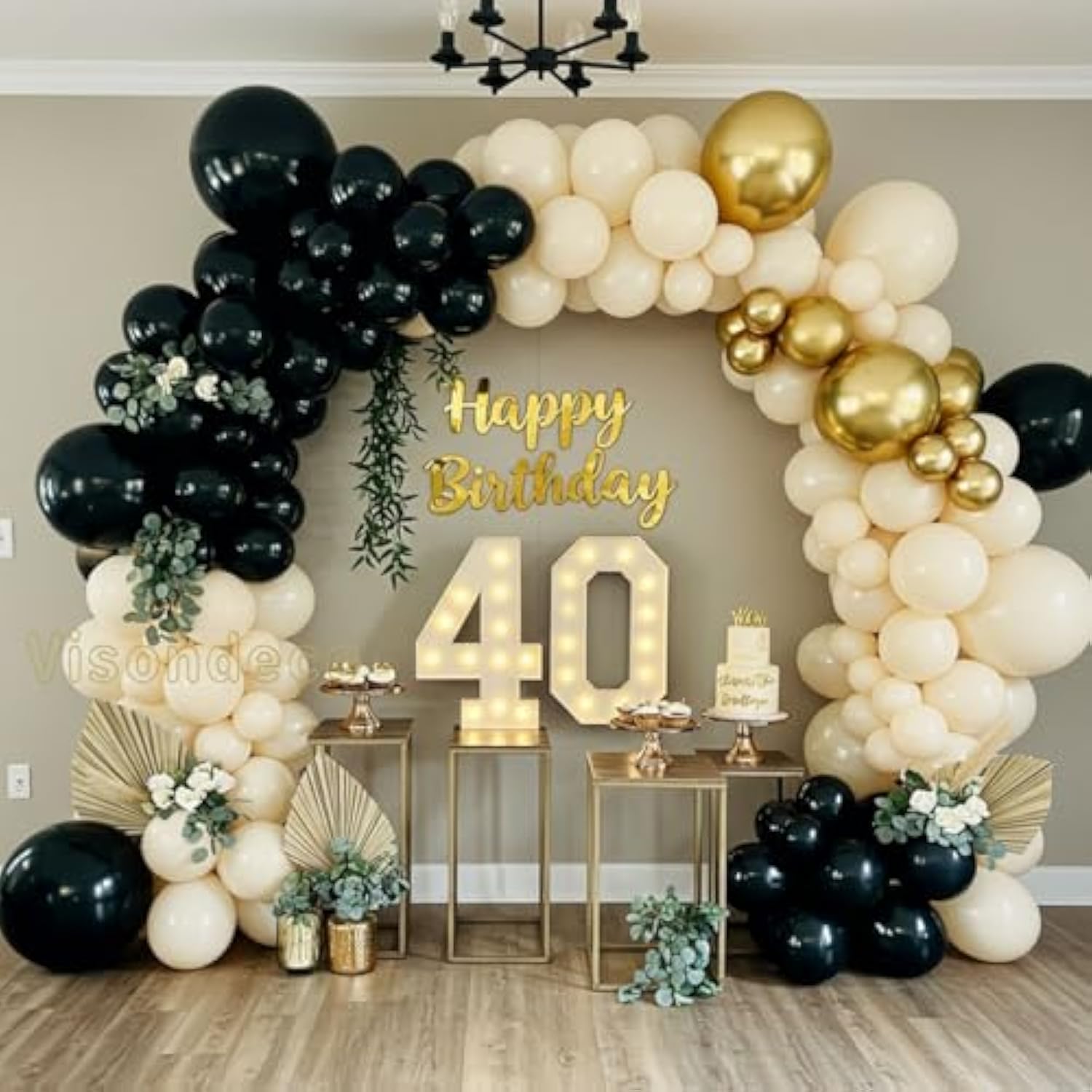 Black White And Gold Balloon Arch Kit – Double Stuffed Balloons In Black, Ivory With Metallic Gold – 5”/12”/18” Balloons For Graduation, Birthday, Retirement, New Year, Balloon Garland Decorations
