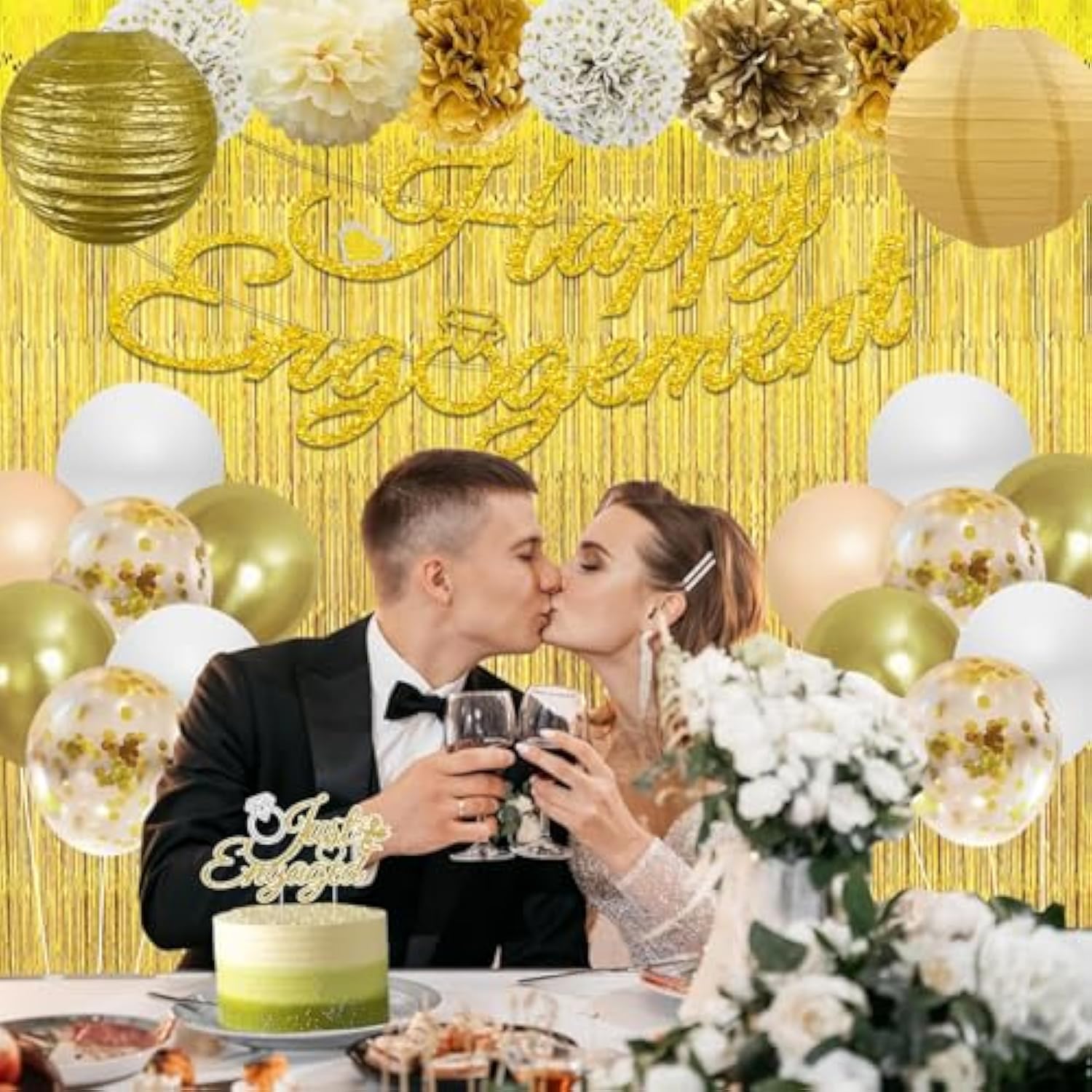 Gold Engagement Party Decorations, Just Engaged Decorations Include Happy Engagement Banner Lanterns For Congratulations Wedding Bachelorette Backdrop Decor