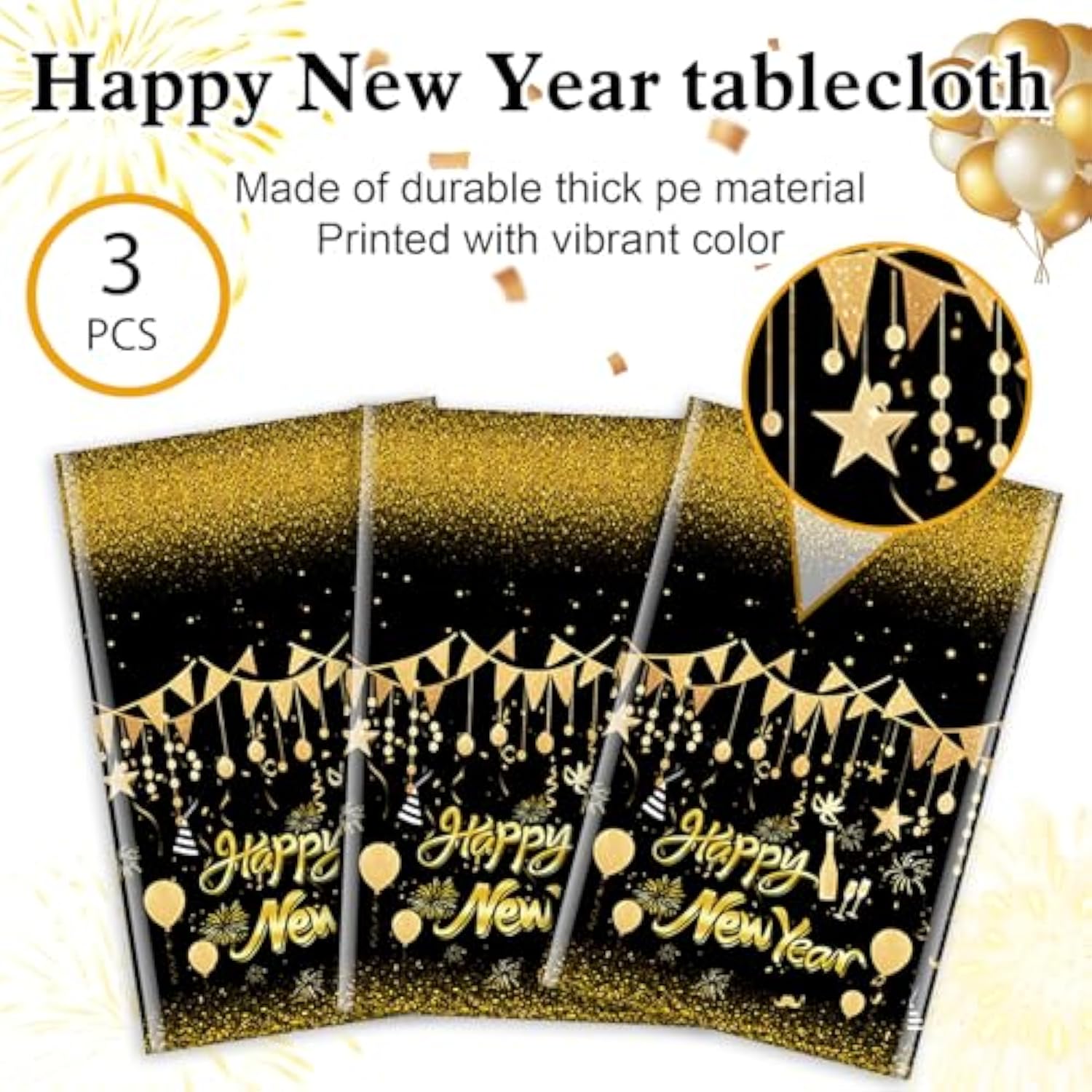 3pcs Black Gold New Year 2026 Tablecloth with Stars for Party Decor 108x54