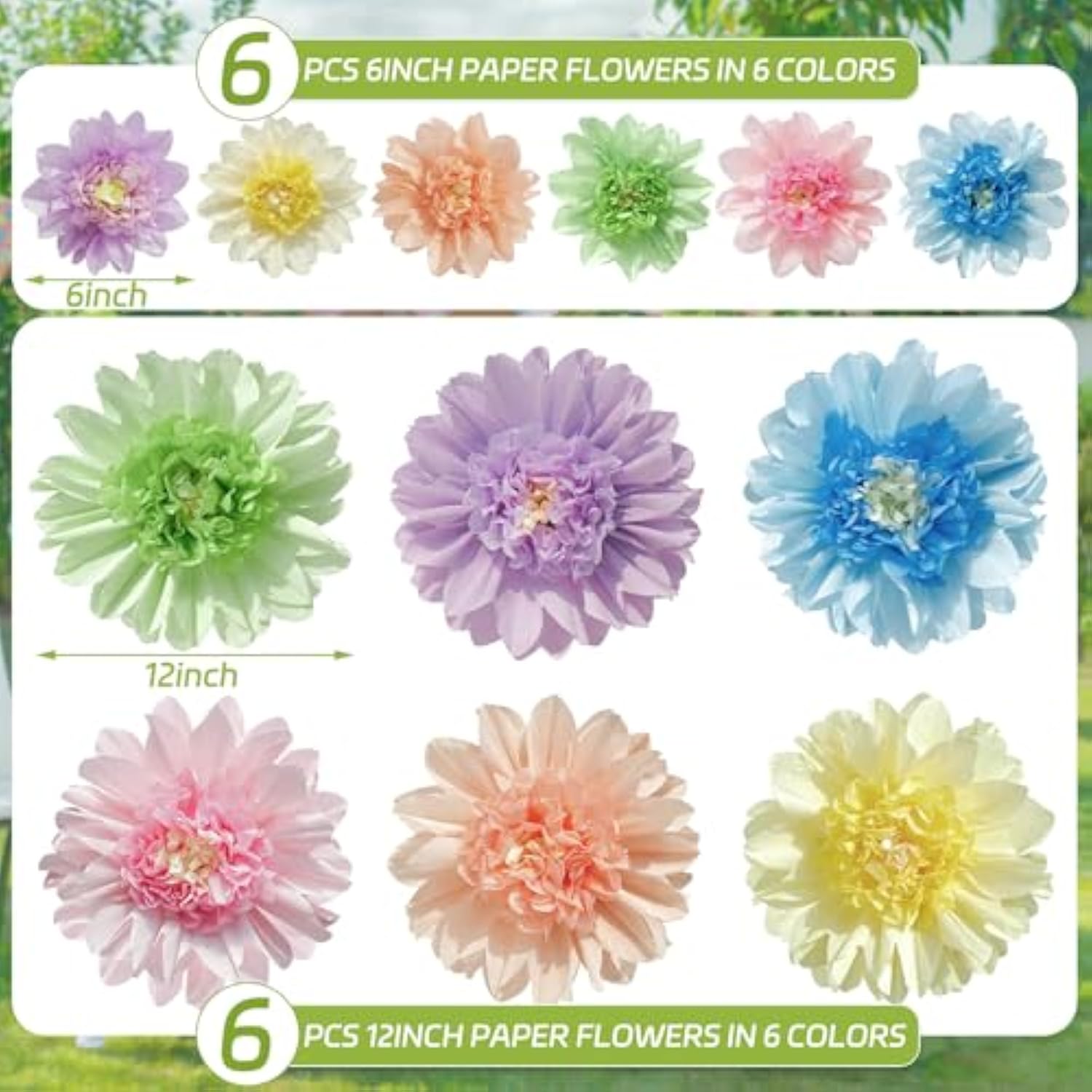 Pastel Paper Flowers, 12 Pcs Paper Flowers Decorations For Pastel Party Decor, 6 Inch, 12 Inch Crepe Paper Flower For Wedding, Party, Baby, Bridal Shower, Nursery Wall Decor, Bulletin Board