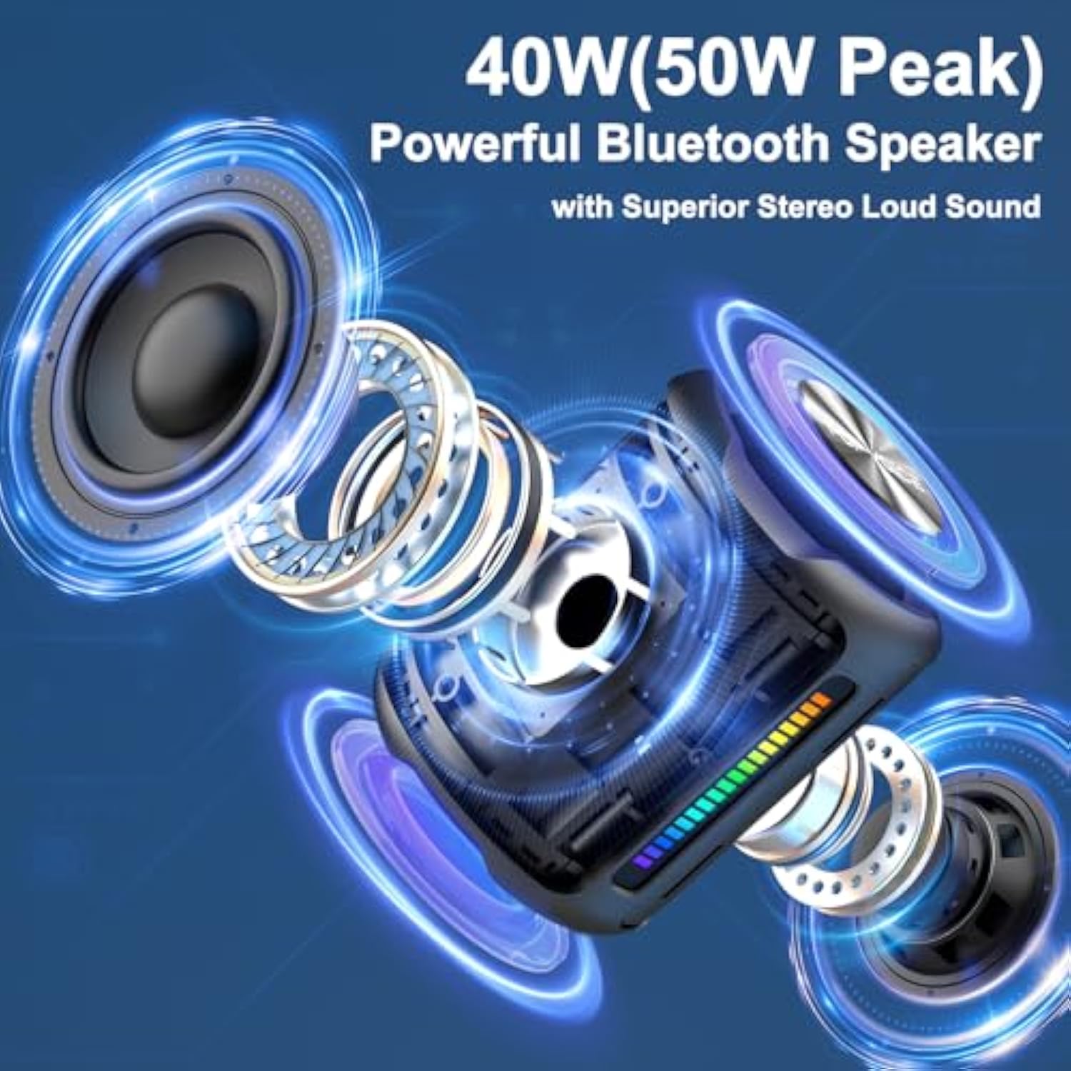 Portable Bluetooth Speakers Wireless, 50W Peak Stereo Sound, Ipx7 Waterproof Shower Speaker With Deep Bass, Rgb Light, Preset Eq, Tws, For Home/Camping/Party/Gifts, Bt 5.3 Speaker, Up To 24H