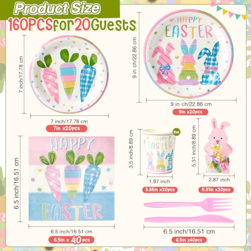160 Pcs Easter Tableware Set Party Supplies for 20 Guests Disposable Paper Plates, Cups, Napkins Forks Set Decorations for Easter Party Spring Holiday Picnics