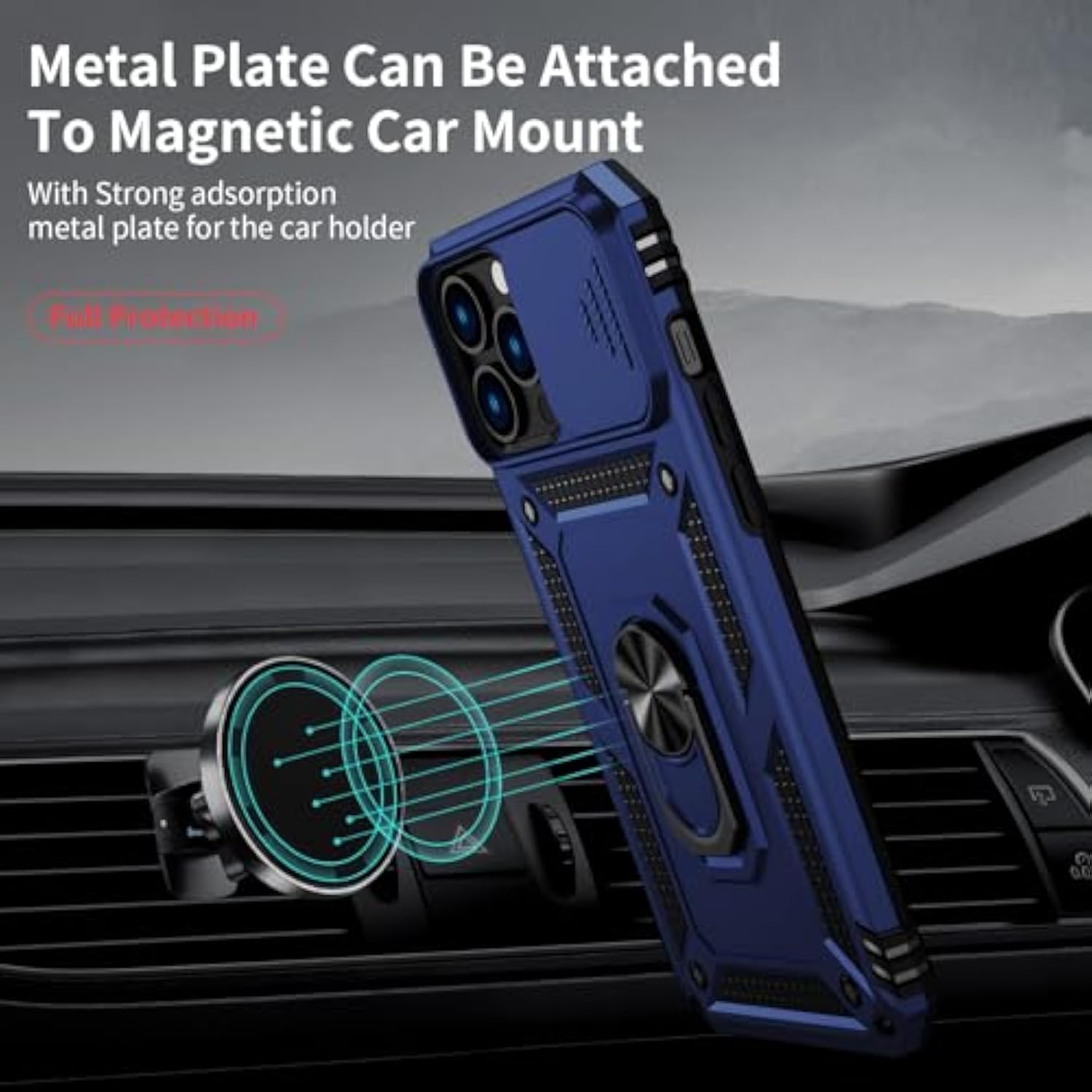 For Iphone 12 Pro Max Case With Camera Lens Cover, Hd Screen Protector, 10 Ft Military Grade Drop Protection, Magnetic Ring Holder Kickstand Protective Phone Case For Iphone 12 Pro Max ,Navy Blue