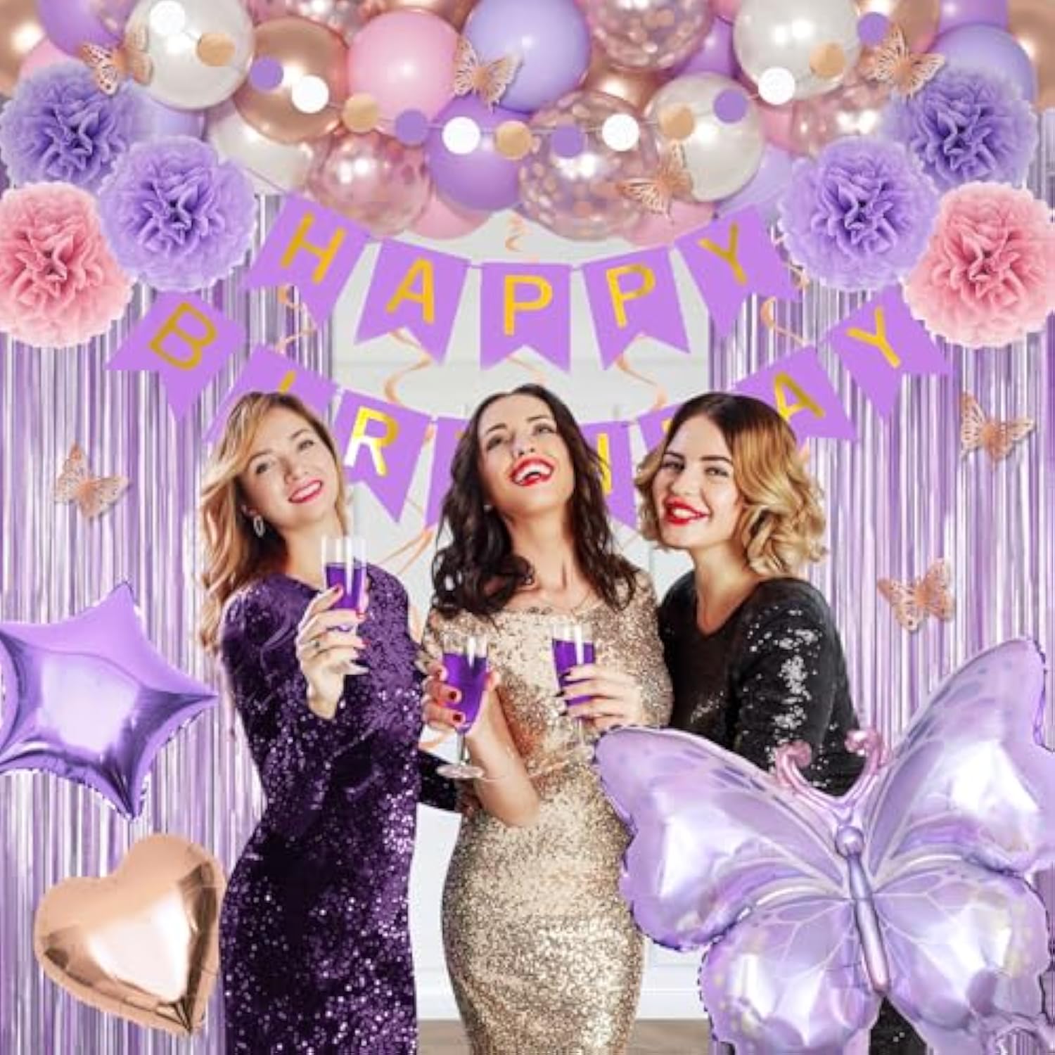 Purple Pink Birthday Party Decorations, Butterfly Confetti Rose Gold Lavender Balloons Happy Birthday Banner Fringe Curtains Hanging Swirls Circle Dots Tassels Pompoms For Mothers Day Women Girls