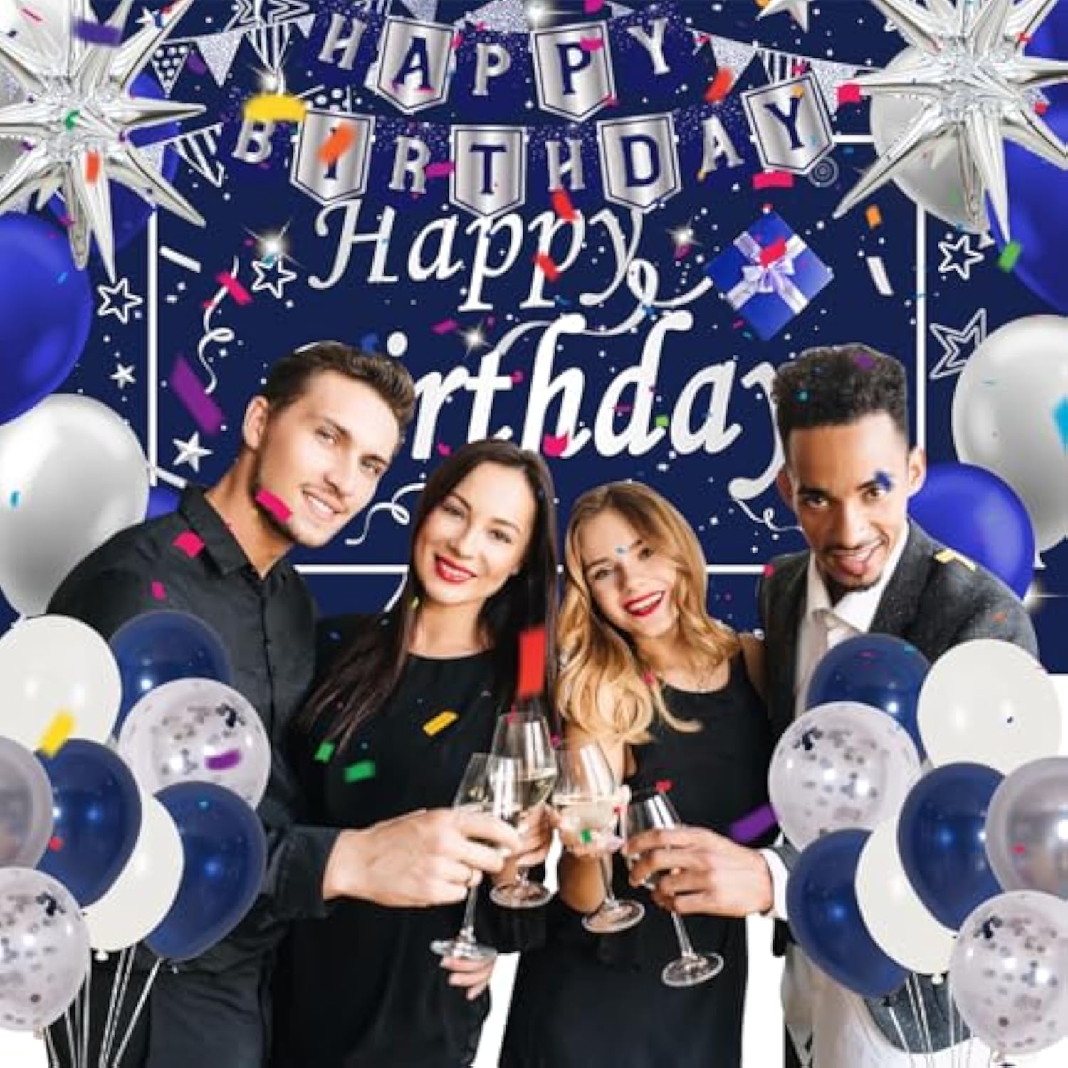Navy Blue Birthday Decorations For Men Boys Women Girls, 80 Pcs Blue And Silver Party Decorations, Happy Birthday Backdrop Banner Party Supplies Blue Silver Confetti Star Balloons Arch Tablecloth