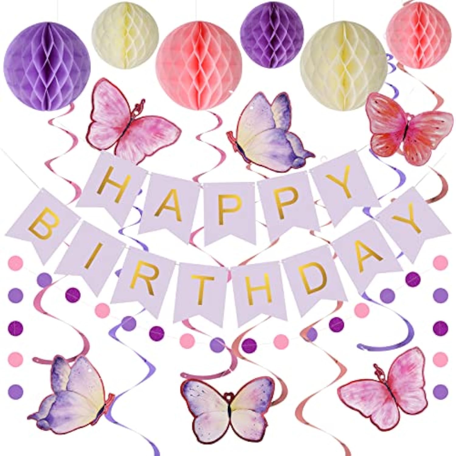 Birthday Decorations, Happy Birthday Banner With Honeycomb Balls, Butterfly Hanging Swirl Streamers, Circle Dots Garland, Happy Birthday Party Decorations For Women Men Boys Girls (Purple)