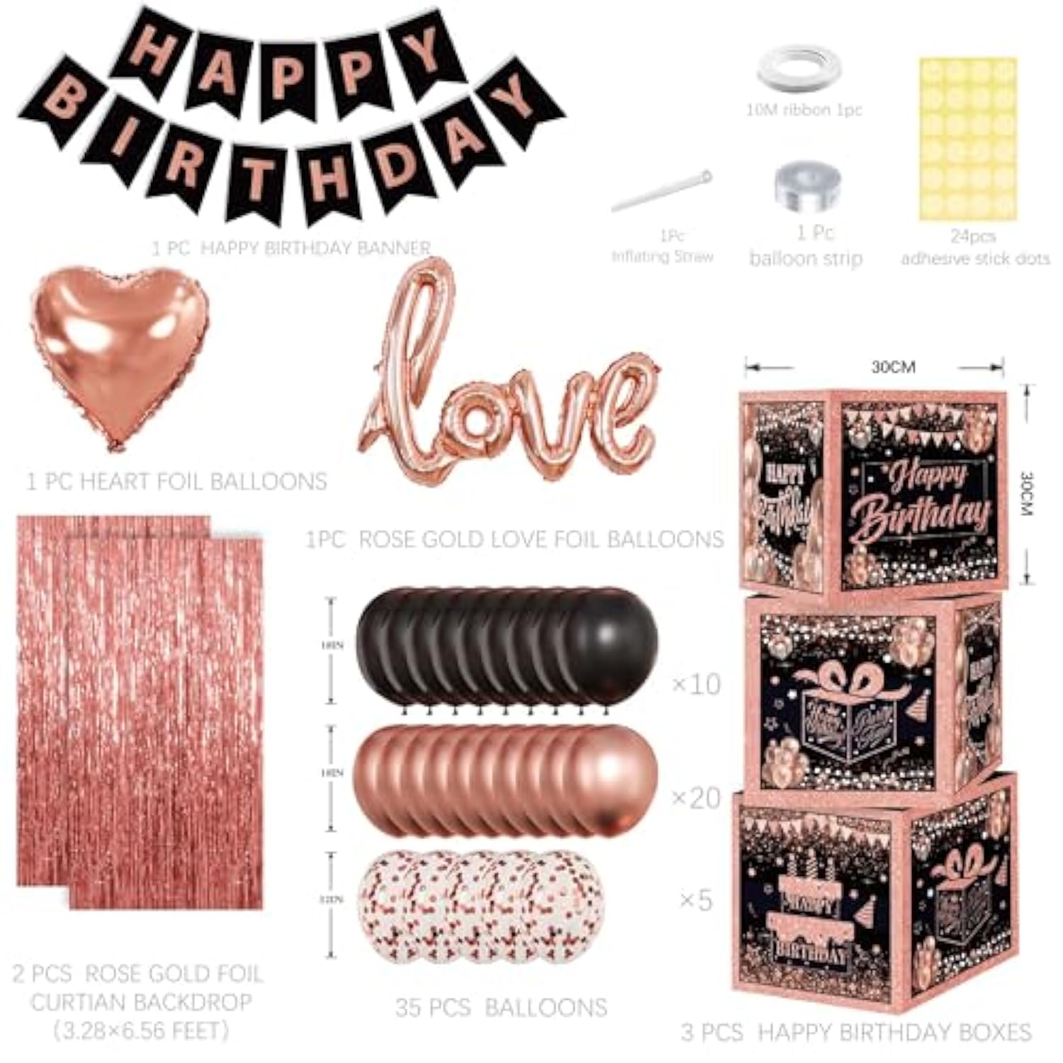 Rose Gold Birthday Party Decorations Kit For Women,4Pcs Birthday Decorations For Women Girls Black And Pink Balloon Boxes Birthday Party Favors