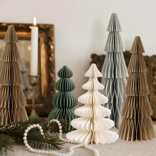 8PCS Paper Christmas Tree, Neutral Christmas Honeycomb Centerpieces, 3D Minimalist Paper Trees Table Decorations for Home Xmas Holiday Party Decor(Gray, Brown, White, Green)