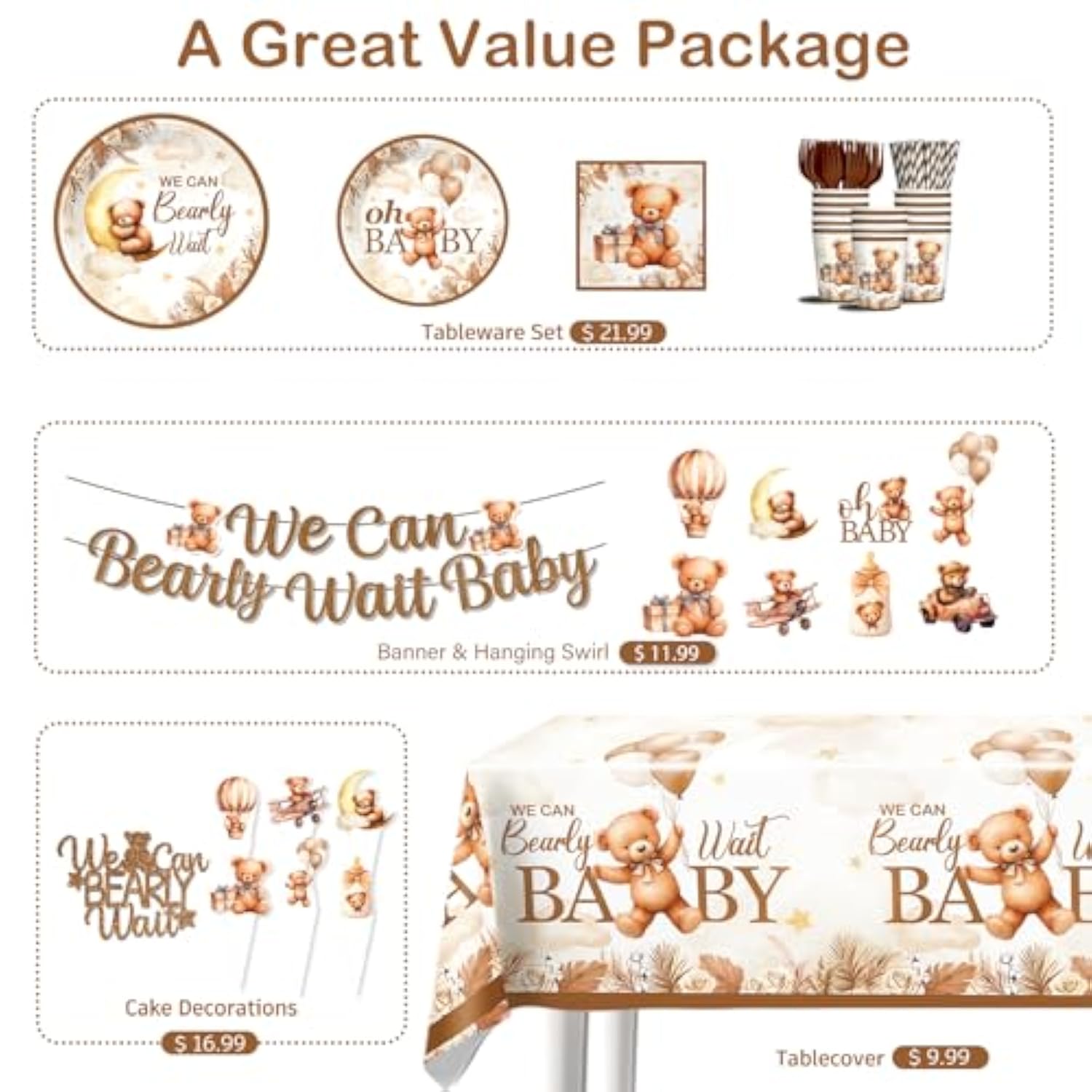 144Pcs Bearly Baby Shower Decorations Tableware Kit, Teddy Bear Baby Shower Decor, Bear Babyshower Decorations Boy Girls, For Barely Theme Party